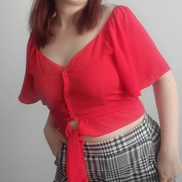 Red Flare Sleeve Front Tie Button Up Ardene Size S - Picture 1 of 3